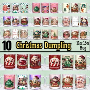 Könnte beinhalten: Eine Sammlung weißer Keramiktassen mit verschiedenen weihnachtlichen Illustrationen von niedlichen Teigtaschen, Lebkuchenfiguren und Festtagsmotiven. Die Tassen sind in den Größen 312ml und 425ml erhältlich und zeigen festliche Designs mit Texten wie Christmas Dumpling, Dear Santa I Can Explain und Let It Snow.