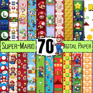 May include: A collection of 70 digital paper designs featuring Super Mario characters including Mario, Luigi, Princess Peach, Yoshi, and Toad, along with game elements like mushrooms, stars, coins, and question blocks, with the text Super-Mario 70 Digital Paper.