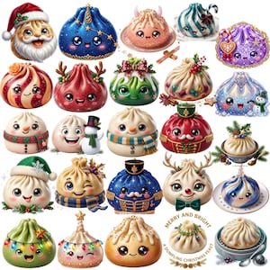 Op de afbeelding: Een verzameling van vierentwintig geïllustreerde dumplings met diverse kerstthema's, waaronder de Kerstman, sneeuwpoppen, rendieren, notenkrakers en kerstverlichting, met de tekst Merry and Bright A Dumpling Christmas Feast op sommige afbeeldingen.