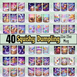 Puede incluir: Una colección de tazas de cerámica con ilustraciones coloridas y caprichosas de dumplings en vaporeras de bambú, arcoíris y motivos celestiales. El texto 40 Squishy Dumpling 11oz 15oz Mug se muestra en el centro de la imagen.