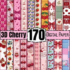 Może przedstawiać: Kolekcja 170 cyfrowych papierów z wzorami wiśni, kokardek, truskawek i kratki w odcieniach czerwieni, różu i błękitu. Grafiki zawierają napisy takie jak 3D Cherry, Digital Paper, Sweet Cherry Vibe oraz Sweet Cherry Mood.