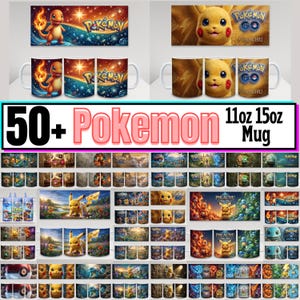 Puede incluir: Una colección de tazas de cerámica con varios personajes de Pokemon, incluidos Charmander y Pikachu. Las tazas muestran impresiones gráficas vibrantes de criaturas y el logotipo de Pokemon Go. El texto dice 50+ Pokemon 11oz 15oz Mug.