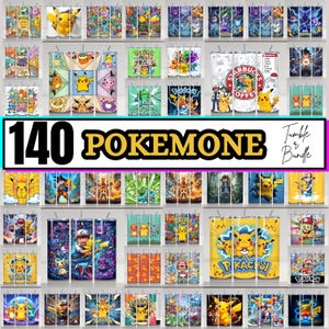 Puede incluir: Una colección digital de 140 vasos cilíndricos con varios gráficos coloridos de personajes Pokémon, incluidos Pikachu, Ash Ketchum y otras criaturas, mostrados en una cuadrícula con el texto 140 POKEMONE Tumble & Bundle.