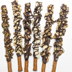 Chocolate Pretzel rods Assorted Nuts Pecan, Peanut, Almond, Pistachio, Walnut, Cashew 12 Pieces