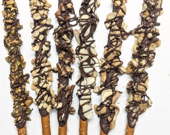 Chocolate Pretzel rods Assorted Nuts Pecan, Peanut, Almond, Pistachio, Walnut, Cashew 12 Pieces