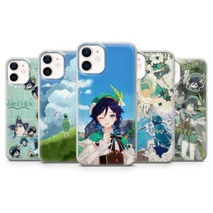 May include: Five clear smartphone cases featuring various anime-style illustrations of a character with dark blue braided hair, wearing a green hat and cape. The designs include the character winking, playing a flute, and standing in a landscape.