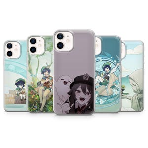 May include: A collection of five clear smartphone cases featuring various anime-style character illustrations. The designs include figures with green hats, floral elements, a ghost-like companion, and blue water-themed graphics on a transparent base.