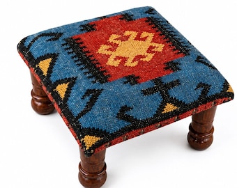 Handwoven kilim Ottoman Footstool, Boho Tribal Wooden Pouf, Indian Accent Bench