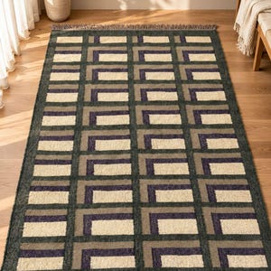 Handwoven Jute Wool Rug, Geometric Tribal Pattern, Boho Scandinavian Home Decor