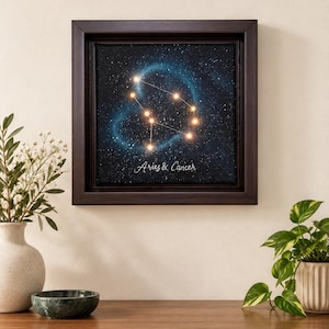 Könnte beinhalten: Ein quadratisches gerahmtes Wandbild mit einem dunkelblauen Sternenhimmel-Hintergrund und beleuchteten Sternbildpunkten, die durch dünne Linien verbunden sind. Der Text Aries & Cancer steht in weißer Schreibschrift unten.