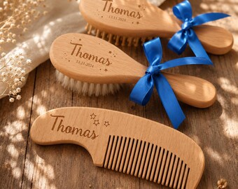 Conjunto de escova de madeira personalizada para bebê, com nome personalizado, pente para bebê, presente para recém-nascido, lembrança para chá de bebê.
