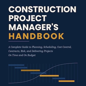Op de afbeelding: Een donkerblauwe boekomslag met de titel The Construction Project Manager's Handbook door Dr. Hassan Khames Eliwa. De omslag bevat witte en gele tekst, een ondertitel over projectplanning en een grafiek van een tijdschema.