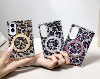 Custodia con anello di supporto e stampa leopardata per Samsung Z Fold 8 Ultra 8 7 6 5 4 / Cover girevole a 360° con finitura diamantata