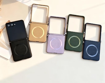 Custodia magnetica di lusso in pelle per Samsung Galaxy Z Flip 7 6 5 4 con ricarica wireless, antiurto e protezione.