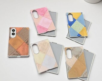 Custodia in similpelle retrò con blocchi di colore per Samsung Z Fold 8 / Cover ampia antiurto con design a patchwork geometrico
