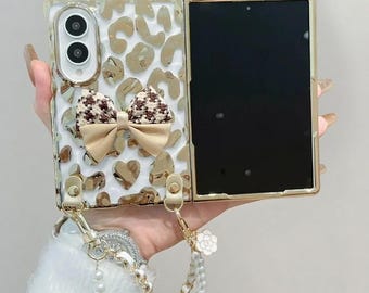 Custodia leopardata per Samsung Z Fold 8 / Cover con nodo placcato, cinturino da polso con perline e cover posteriore protettiva