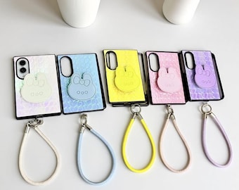 Bunny Stand Case for Samsung Z Fold 8 7 6 5 | Cute Leather Strap Cover with Wrist Chain Holder