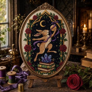 Hare Moon Cross Stitch Pattern, Gothic Floral Rabbit PDF