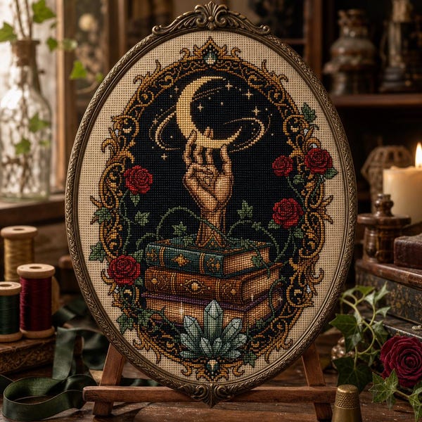 Witchy Hand and Moon Cross Stitch Pattern, Occult Books Crystals Chart