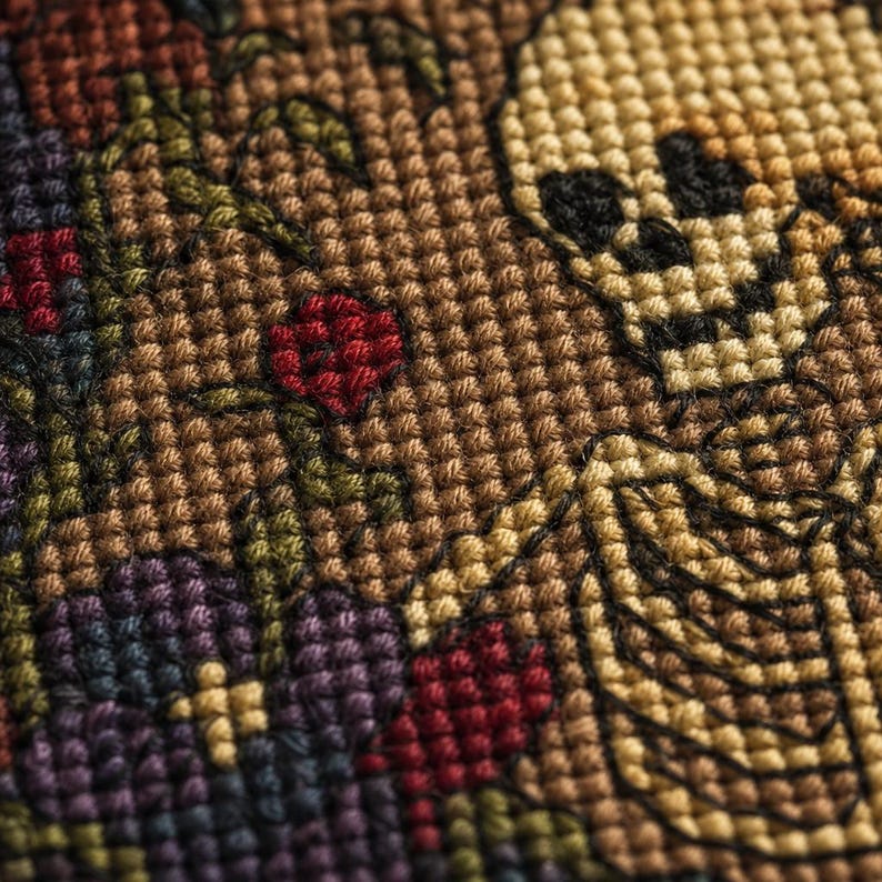 May include: A detailed cross-stitch embroidery piece featuring a beige skull positioned next to vibrant floral elements. The design incorporates deep red, purple, and green thread colors against a textured brown fabric background with visible stitches.
