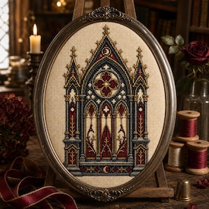 May include: An oval-framed cross-stitch embroidery depicting a detailed gothic cathedral window. The design features intricate architectural elements in shades of dark blue, deep red, and gold thread on a cream-coloured fabric background.