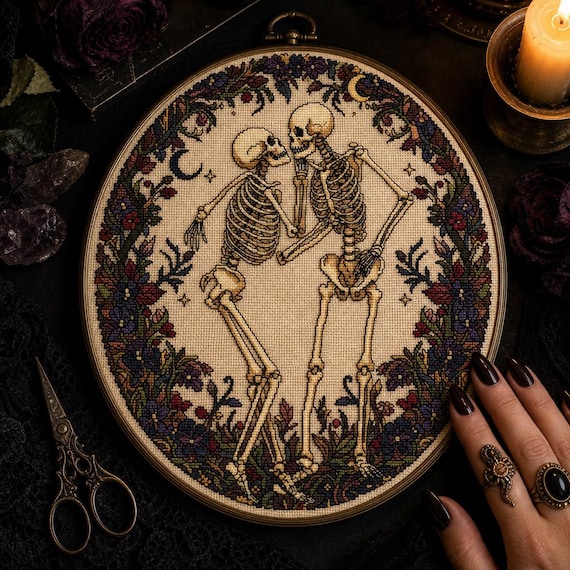 Romantic Skeleton Lovers Cross Stitch Pattern, Gothic Wall Decor PDF, Unique Digital Craft Gift