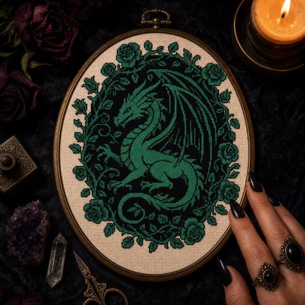 Dark Academia Dragon Cross Stitch Pattern | Mystical Rose PDF Chart