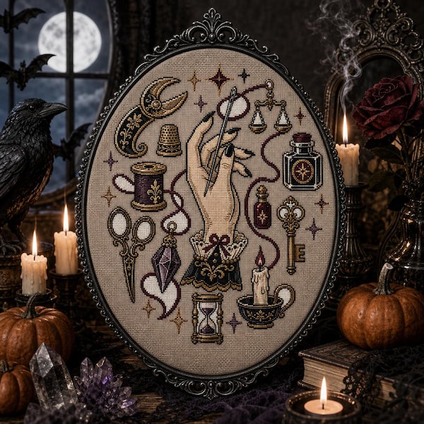 Witchy Sewing Cross Stitch Pattern, Gothic Needlework PDF, Occult Craft, Vintage Hand Embroidery