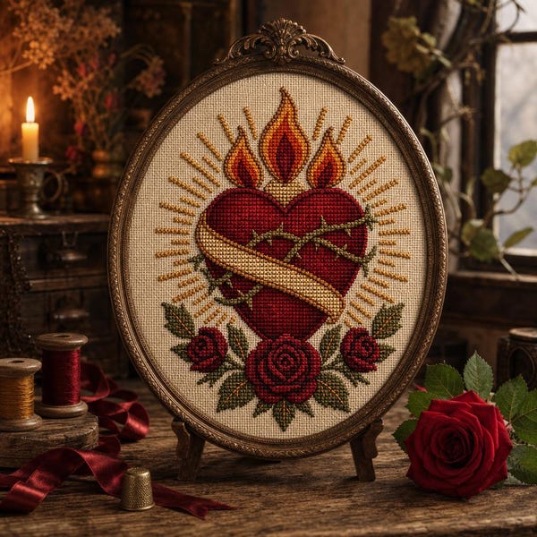 Sacred Heart Cross Stitch Pattern, Christian Digital Embroidery PDF, Catholic Art Instant Download