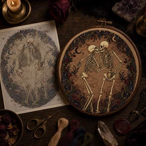 May include: A circular wooden embroidery hoop containing a cross-stitch design of two skeletons facing each other, surrounded by a floral wreath with crescent moons. Beside it lies a printed paper pattern of the same skeleton design.