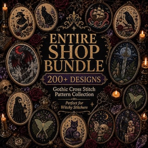 May include: A digital collection of cross stitch patterns titled Entire Shop Bundle 200+ Designs Gothic Cross Stitch Pattern Collection. The image features multiple oval-framed embroidery designs including a plague doctor, cats, a ship, a sword, and skulls.