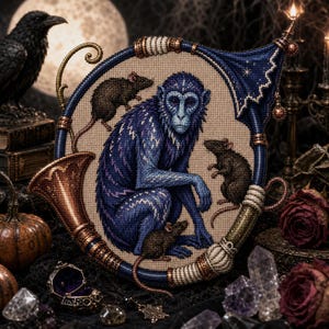 以下が含まれることがあります： 中央に座る青い猿と、その周りに配置された3匹の茶色のネズミが描かれた円形のクロスステッチ刺繍。デザインは、角笛の形をした濃い青と銅色の縁取りで囲まれており、精巧なステッチとビーズのようなディテールが施されています。