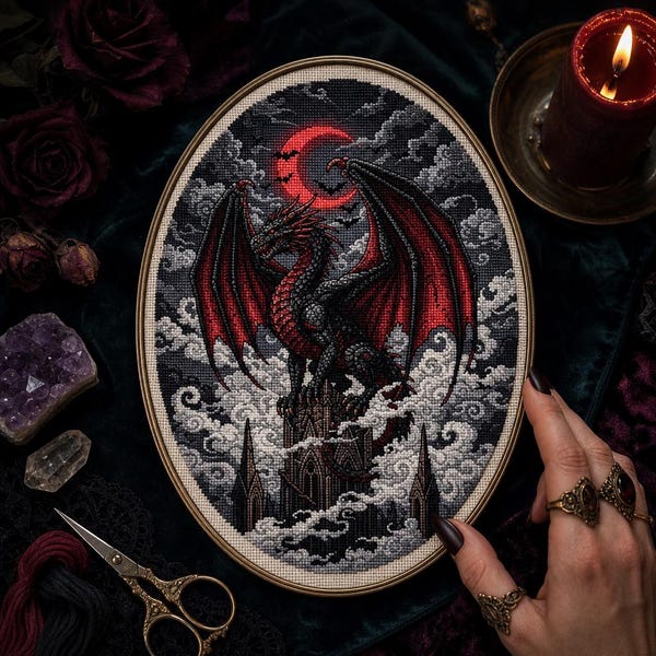 Fantasy Dragon Cross Stitch Pattern for Dark Academia Decor & Gothic Crafters