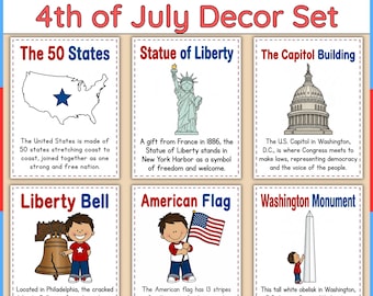 May include: A set of six educational posters titled U.S. Symbols Posters 4th of July Decor Set. Each poster features a white background with a dashed border, displaying illustrations and text about the 50 States, Statue of Liberty, Capitol Building, Liberty Bell, American Flag, and Washington Monument.