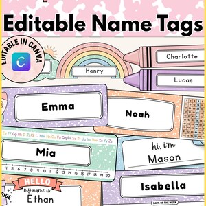 Puede incluir: Una colección de etiquetas de nombre editables con colores pastel, gráficos de arcoíris, crayones y tiras del alfabeto. El texto incluye nombres como Charlotte, Henry, Lucas, Emma, Noah, Mia, Mason, Ethan e Isabella, con etiquetas como Composition Notebook.