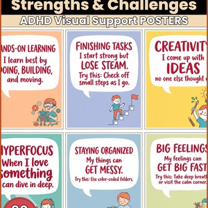 May include: A set of ADHD awareness posters featuring six colorful panels with illustrations and text. Each panel highlights strengths and challenges like hands-on learning, finishing tasks, creativity, hyperfocus, organization, and big feelings.