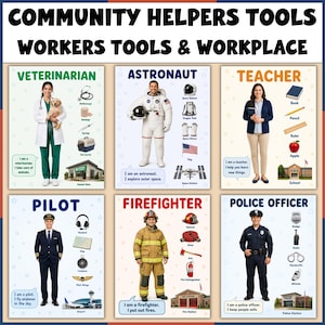 Puede incluir: Conjunto de carteles educativos titulado COMMUNITY HELPERS TOOLS WORKERS TOOLS & WORKPLACE que presenta seis profesiones: veterinario, astronauta, maestro, piloto, bombero y oficial de policía. Cada sección muestra a un profesional, sus herramientas y lugar de trabajo.