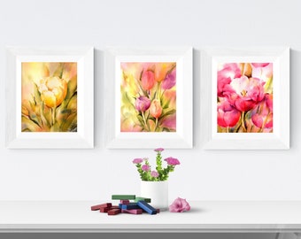 3 Piece Wall Art by Connietownsart, Tulip Watercolor Painting