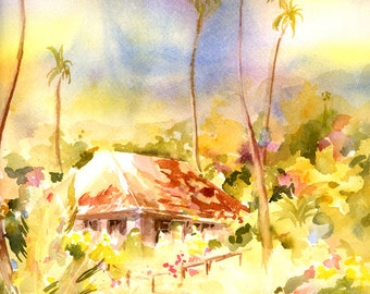 Hawaii Art, Watercolor Painting Print by Connietownsart, Beach House Decor