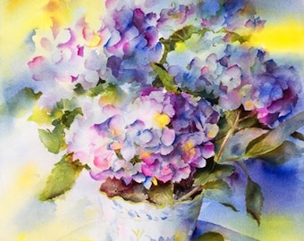 Hydrangea Watercolor Art Print, Hydrangea Wall Art, Floral Still Life