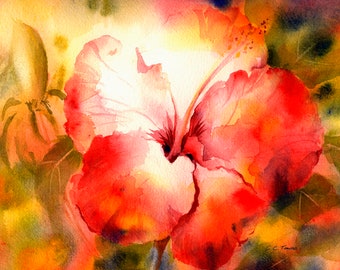 Hibiscus Painting Art Print from Original Watercolor by Connietownsart, Red Hibiscus