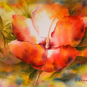 Living Room Art, Hibiscus Wall Art, Hibiscus Watercolor Art Print by Connietownsart, Hibiscus Painting