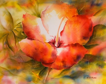 Hibiscus Watercolor Art Print, Maui Floral Painting
