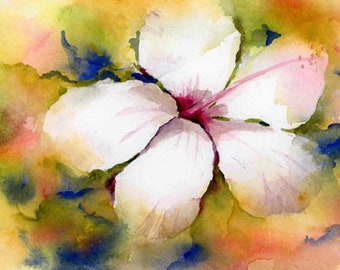 White Hibiscus Watercolor Art Print from Original Watercolor Painting, Flower Art