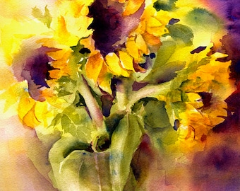 FLORAL Watercolor  from Original Watercolor Painting Print by Connietownsart, Sunflowers Painting