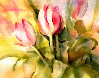 Red Tulips Art, Tulips Painting, Tulip Print from Original Watercolor Painting, Spring Wall Art