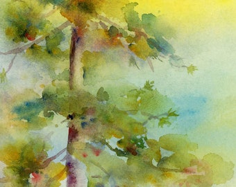 Pine Tree Watercolor Painting Print, Landscape Art