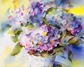 Hydrangea Art Print, Floral Watercolor Painting, Blue Hydrangea Print, Flower Watercolor Print, Hydrangea Wall Art