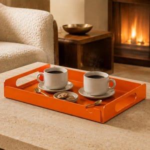 Może przedstawiać: Prostokątna pomarańczowa taca do serwowania z wbudowanymi uchwytami bocznymi, zawierająca dwie białe ceramiczne filiżanki do kawy na pasujących spodkach, dwie małe złote łyżeczki oraz mały okrągły talerzyk z dwoma ciasteczkami.
