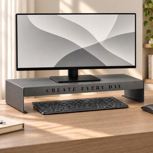 Metal Monitor Stand with Reversible Motivational Quotes, Powder-Coated Steel Desk Shelf
